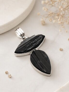 Raw Black Tourmaline Gemstone Silver 2.5" Pendant